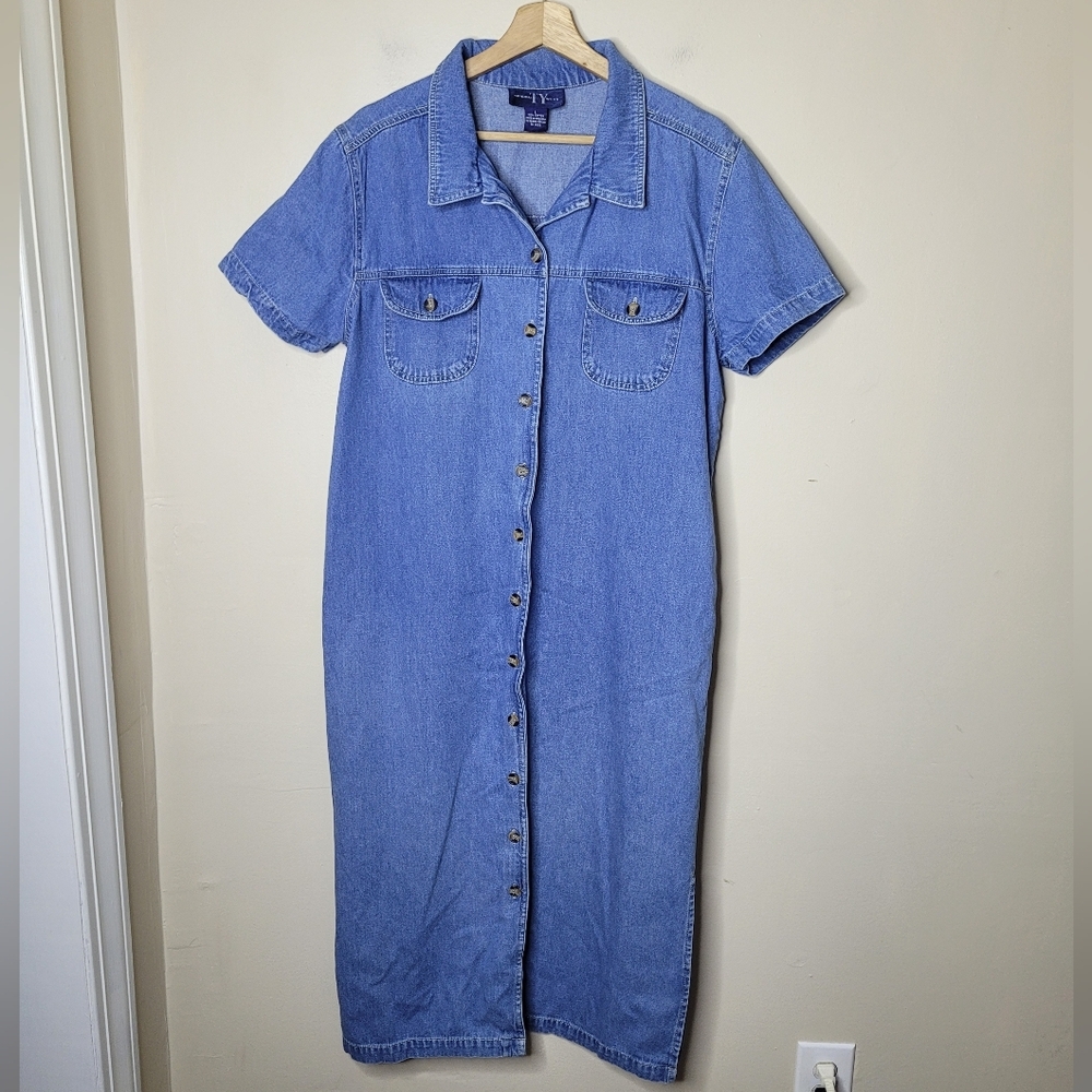 Vintage 90s Denim Dress Button Front Size Large Original TY Wear - Picture 2 of 6